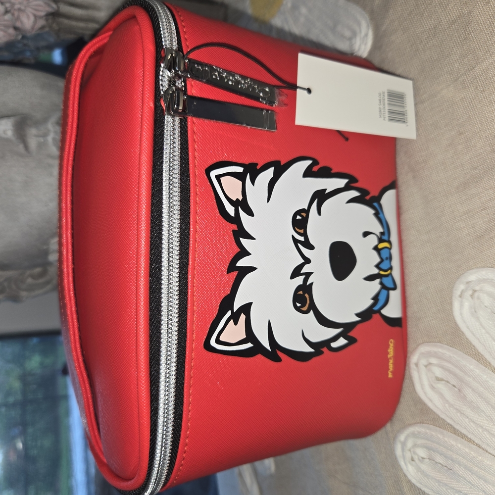 Red Cosmetic Bag with Cartoon Cat Design